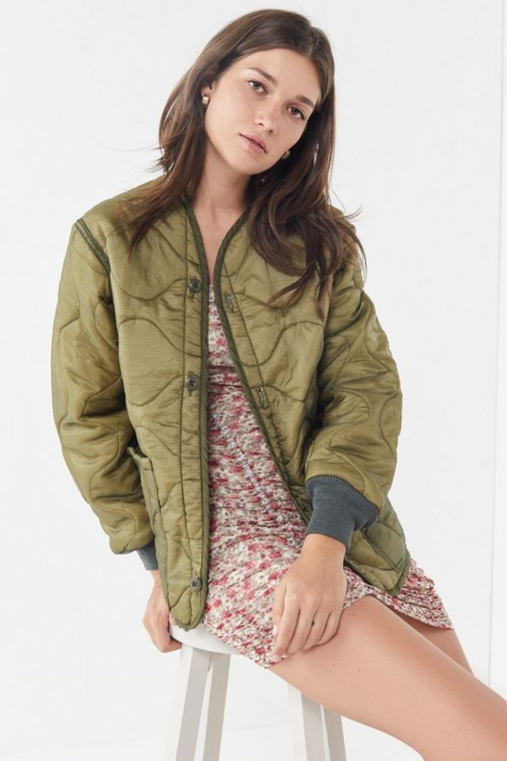 Urban Outfitters Recycled Green Jacket and Floral Mini Dress Worn by Model
