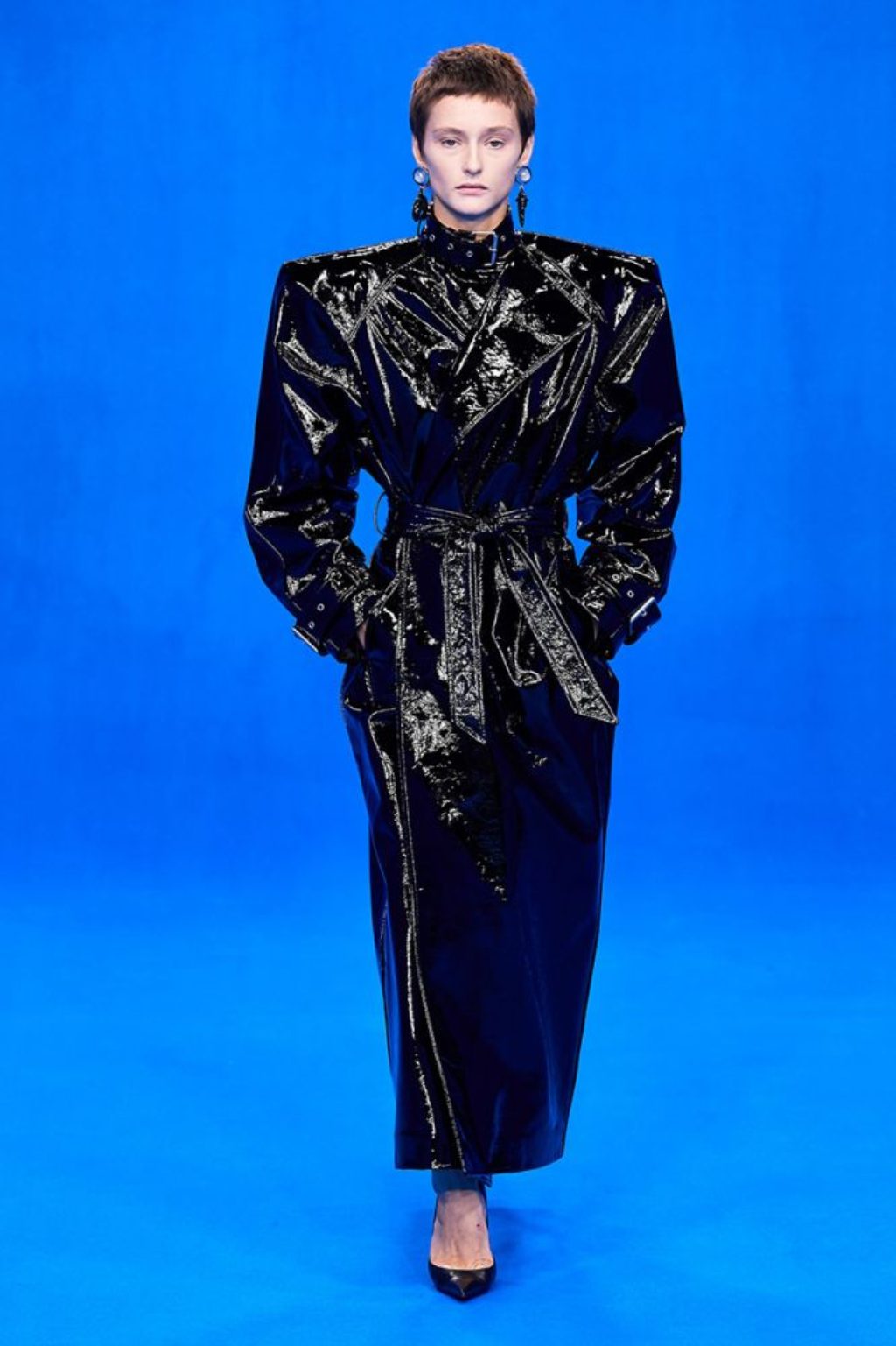 Balenciaga Spring Summer 2020 Runway Model Wearing Black Patent Leather Trench Coat