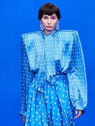 Balenciaga Runway Spring Summer 2020 model wearing light blue polka dots