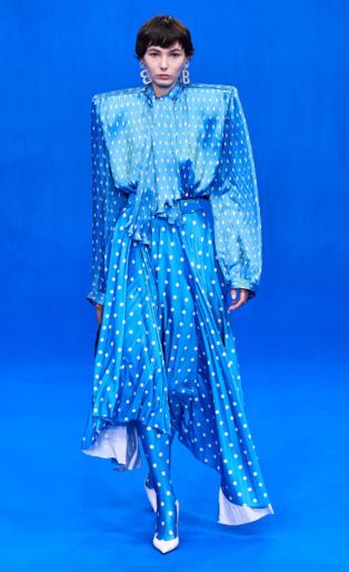 Balenciaga Runway Spring Summer 2020 model wearing light blue polka dots