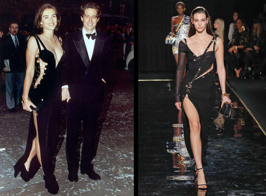 Versace's original Safety Pin Dress on Elizabeth Hurley and the new version