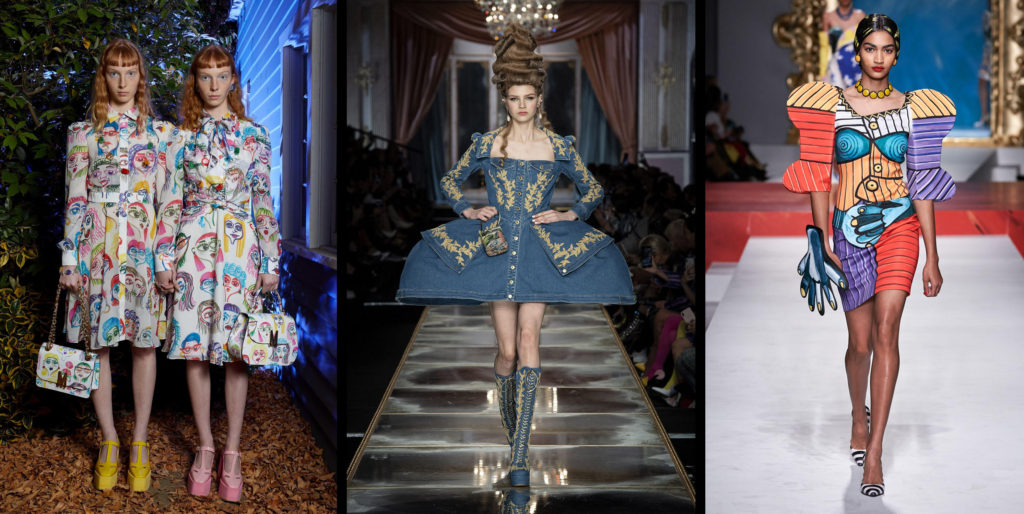 (From Left to Right) Jeremy Scott for Moschino under the influence of Diane Arbus, Marie Antoinette and Picasso