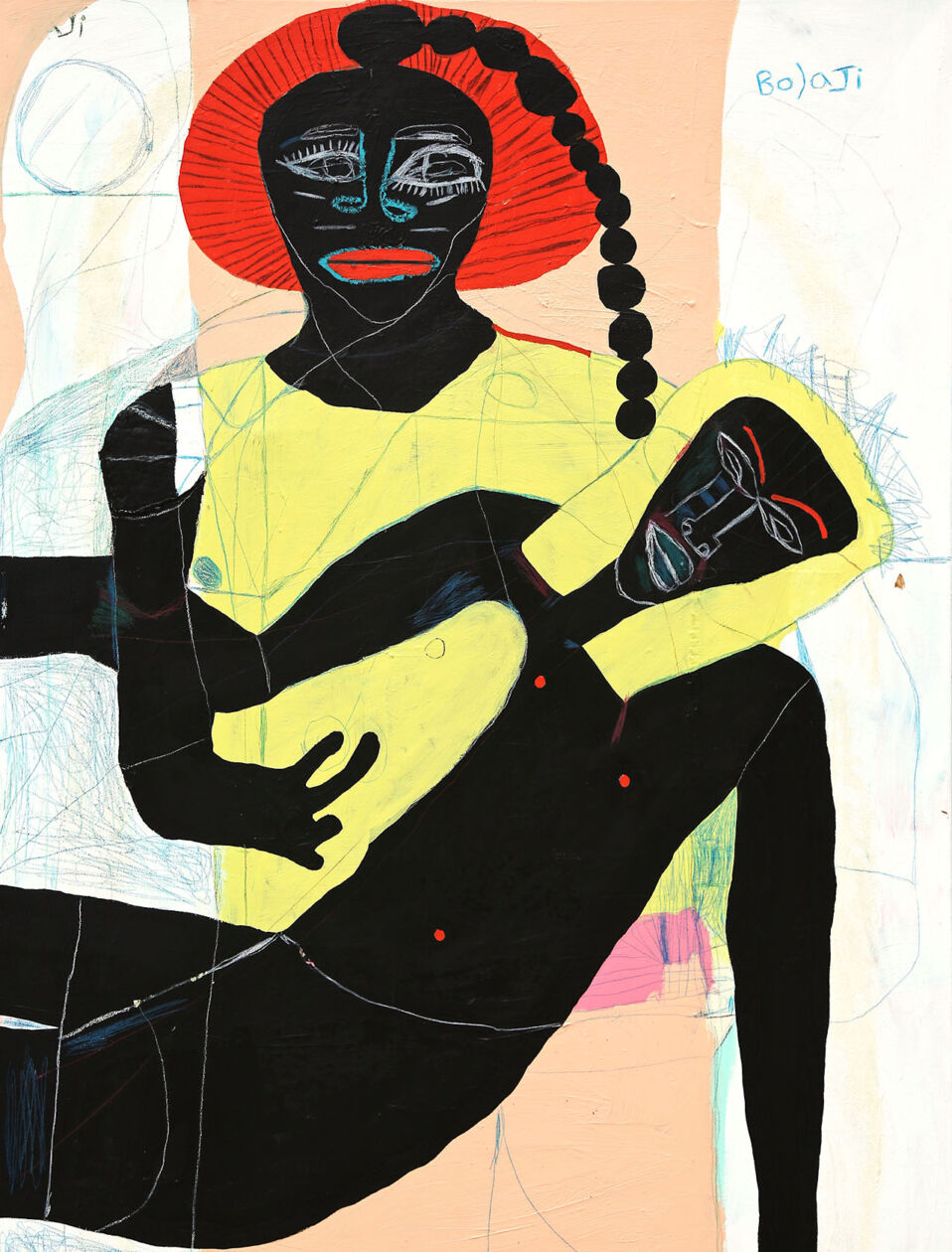 Adébayo Bolaji, Black is Beautiful, 2020, Acrylic and Crayon on Coarse Grain Jute, 74 4/5 × 55 1/10 in, 190 × 140 cm, Courtesy of BEERS London