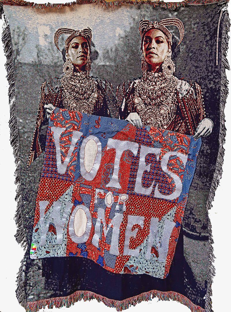 April Bey, Atlantica Archives (Earth's Feminism) II, 2020. Digitally printed woven blanket with hand-sewn "African" Chinese knock off wax fabric and glitter. 80 x 60 in. Courtesy of the artist and GAVLAK Los Angeles / Palm Beach.