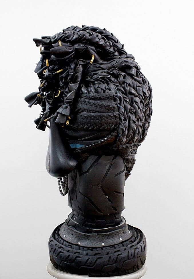 Kim Dacres, Whitney, 2019. Auto tires, bicycle tires, bicycle tubes, wood, bicycle parts, zip ties, and screws. 39 x 18 x 18 in. Courtesy of the artist and GAVLAK Los Angeles / Palm Beach. Photography by Sebastian Bach.