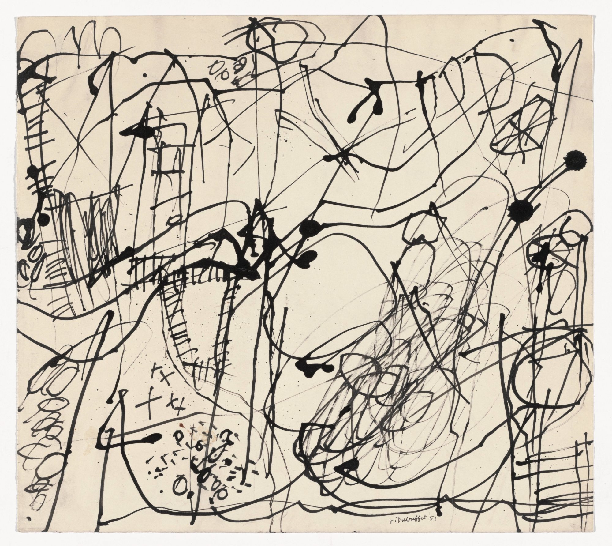 Jean Dubuffet (French, 1901–1985) Landscape (Paysage), 1951 Ink on paper 11 3/4 x 12″ (29.8 x 30.5 cm) The Museum of Modern Art, New York. Purchase © 2019 Artists Rights Society (ARS), New York / ADAGP, Paris