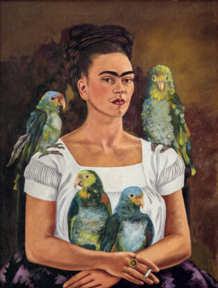 Frida Kahlo, Me and My Parrots, 1941. Oil on canvas, 32 5/16 × 24 3/4 in. (82 × 62.8 cm). Private collection. © 2020 Banco de México Diego Rivera Frida Kahlo Museums Trust, Mexico, D.F. / Artists Rights Society (ARS), New York