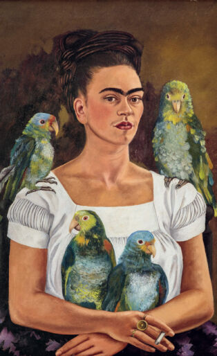 Frida Kahlo, Me and My Parrots, 1941. Oil on canvas, 32 5/16 × 24 3/4 in. (82 × 62.8 cm). Private collection. © 2020 Banco de México Diego Rivera Frida Kahlo Museums Trust, Mexico, D.F. / Artists Rights Society (ARS), New York