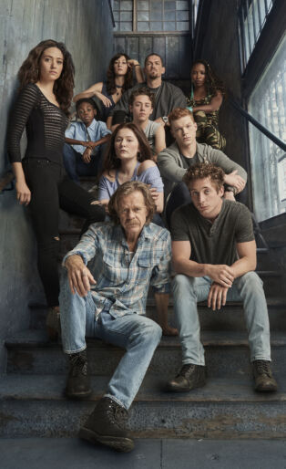 Cameron Monaghan as Ian Gallagher, Emma Kenney as Debbie Gallagher, Emmy Rossum as Fiona Gallagher, Christian Isaiah as Liam Gallagher, Jeremy Allen White as Lip Gallagher, Ethan Cutkosky as Carl Gallagher, Steve Howey as Kevin Ball and Shanola Hampton as Veronica Fisher, William H. Macy as Frank Gallagher in Shameless (Season 8) - Photo: Brian Bowen Smith/SHOWTIME