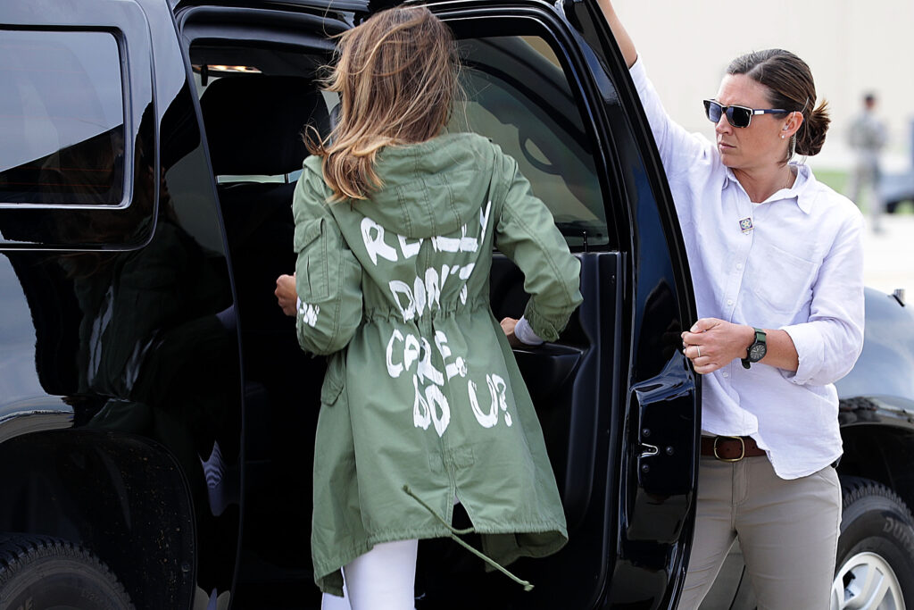Melania sports a "I really dont care do u?" jacket by Zara