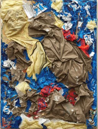 Gilberto Rivera, An Institutional Nightmare, 2012. Federal prison uniform, commissary papers, floor wax, prison reports, newspaper, acrylic paint on canvas. 32.25 x 24.25 inches. Collection Jesse Krimes.