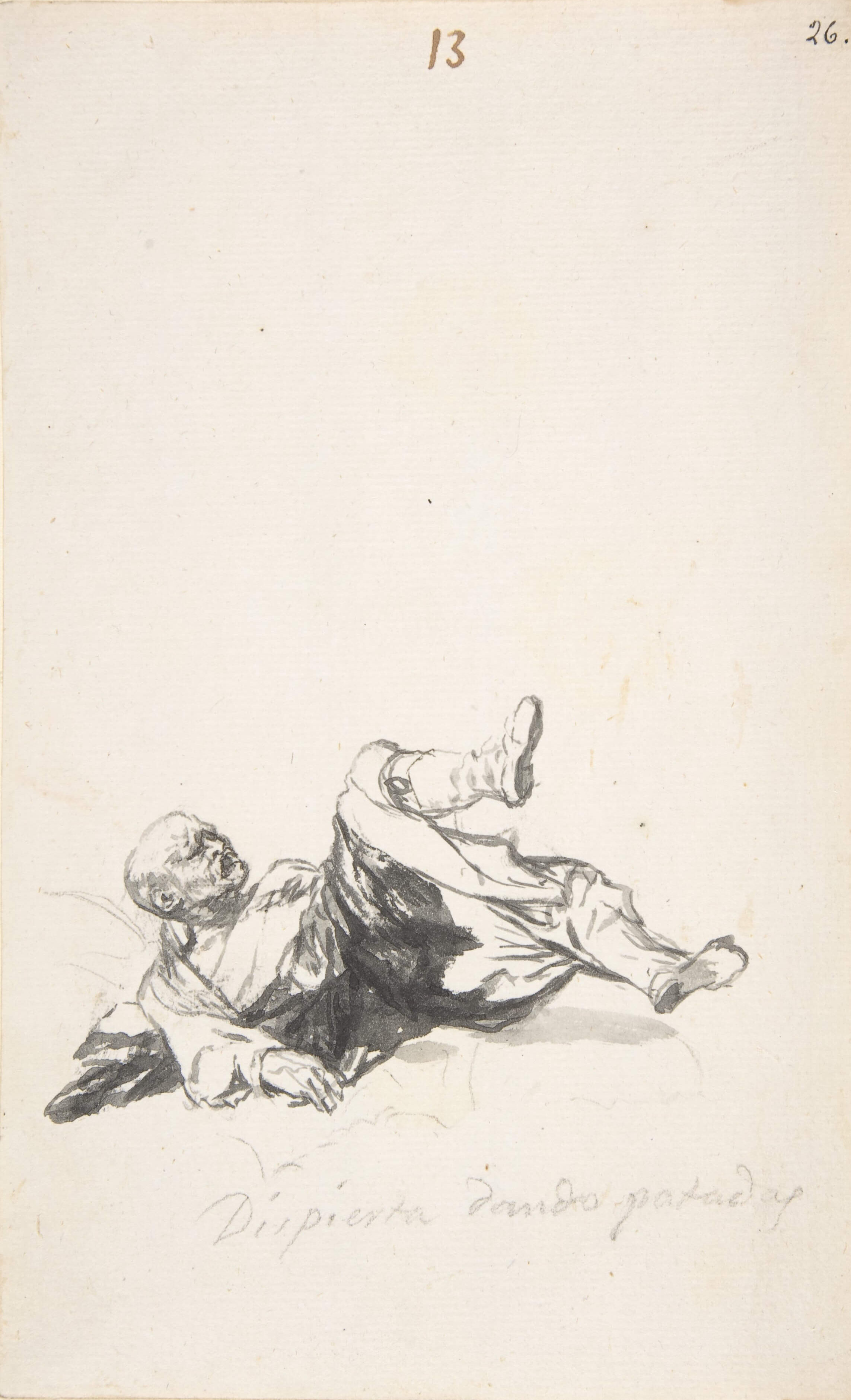 Goya, He wakes up kicking. Album D, page 13 Ca. 1819–23. Brush, carbon black and gray ink and wash, touches of black chalk, scraper, on laid paper. The Metropolitan Museum of Art, New York, Harris Brisbane Dick Fund, 1935
