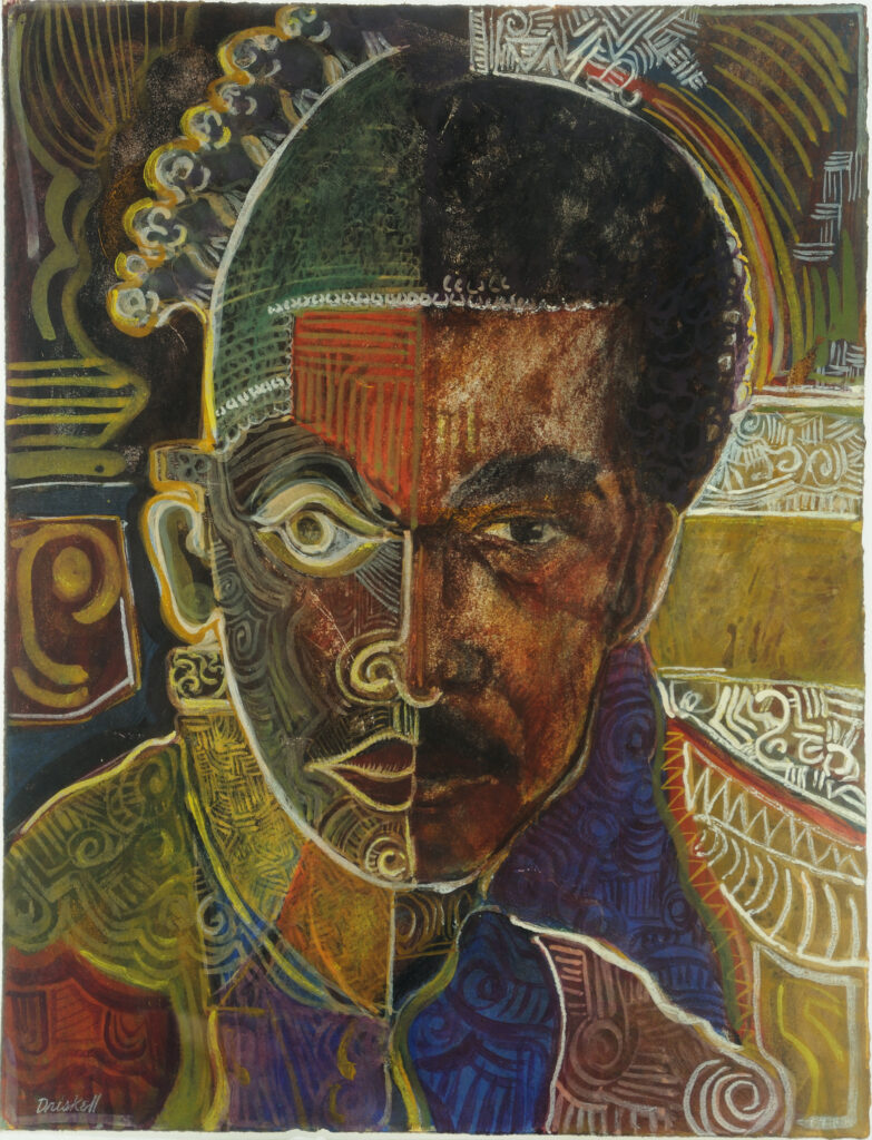 Self-Portrait as Beni (“I Dream Again of Benin”), July 13, 1974 Egg tempera, gouache, and collage, sketchbook, 17 x 13 in. High Museum of Art, Atlanta. Purchase with David C. Driskell African American Art Acquisition Fund, 2015.74 © Estate of David C. Dris