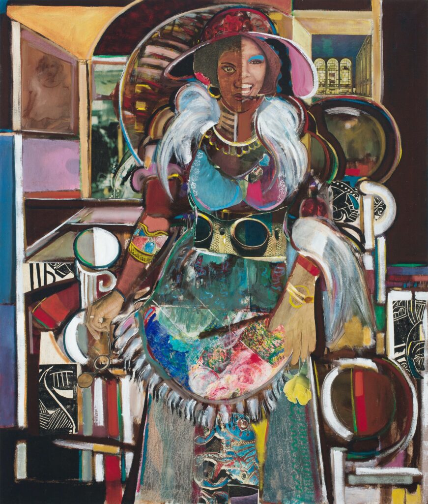 Jazz Singer (Lady of Leisure, Fox), 1974 Oil and collage on canvas, 56 x 48 in. Collection of the Estate of David C. Driskell, Maryland. Photograph by Stephen Bates © Estate of David C. Driskell, courtesy DC Moore Gallery, New York