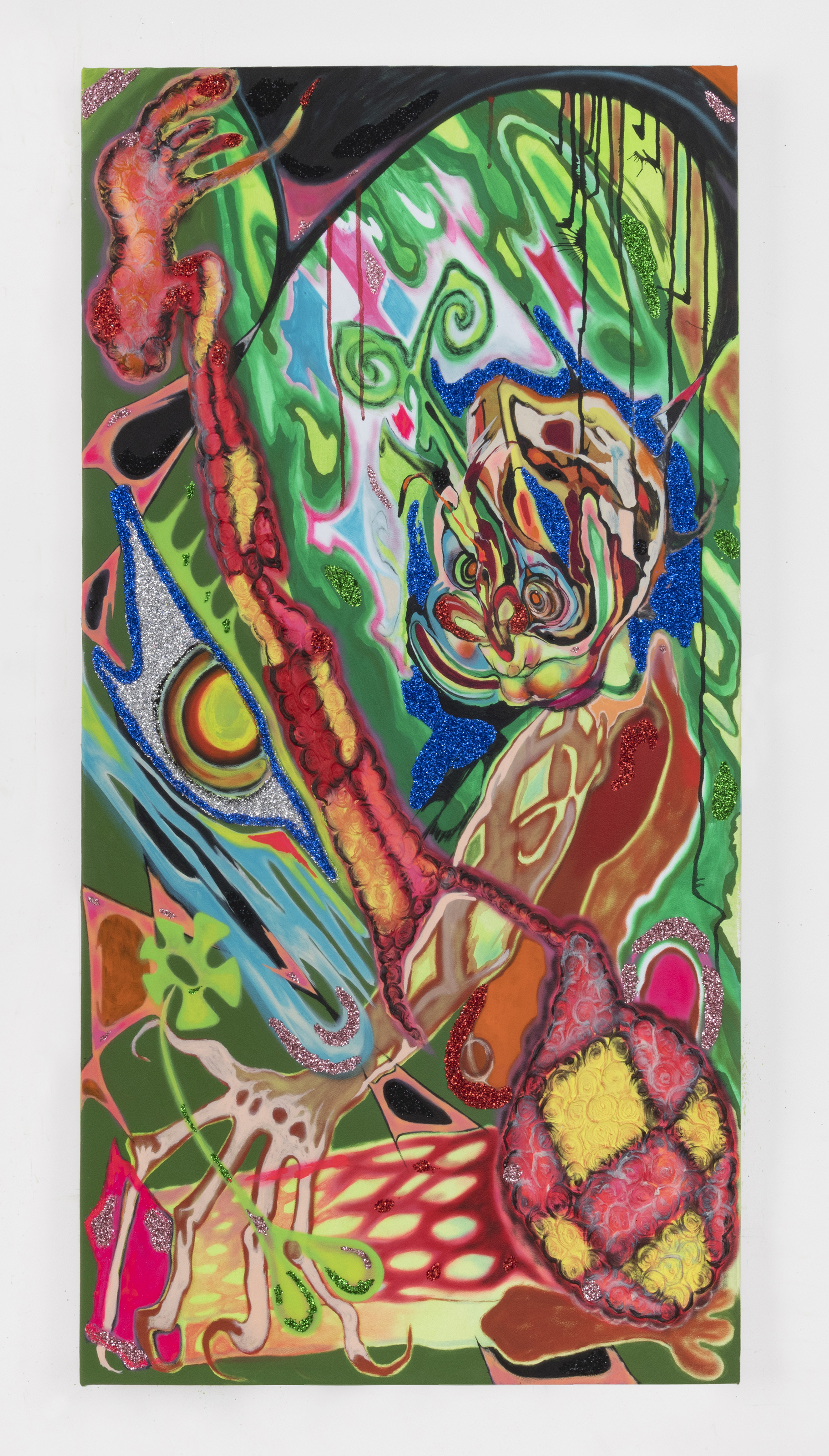 Theresa Chromati, rested erection, moment collision ( she is watching and I am shifting ), 2020. Acrylic and glitter on canvas, 50 x 25 inches. Courtesy of the artist and Kravets Wehby Gallery, New York. Artwork photo credit: Adam Reich