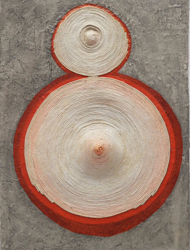 Eva Hesse, Ringaround Arosie, 1965. Pencil, acetone, varnish, enamel paint, ink, and cloth covered electrical wire on papier - mâché and Masonite 26 3/8 x 16 1/2 x 4 1/2