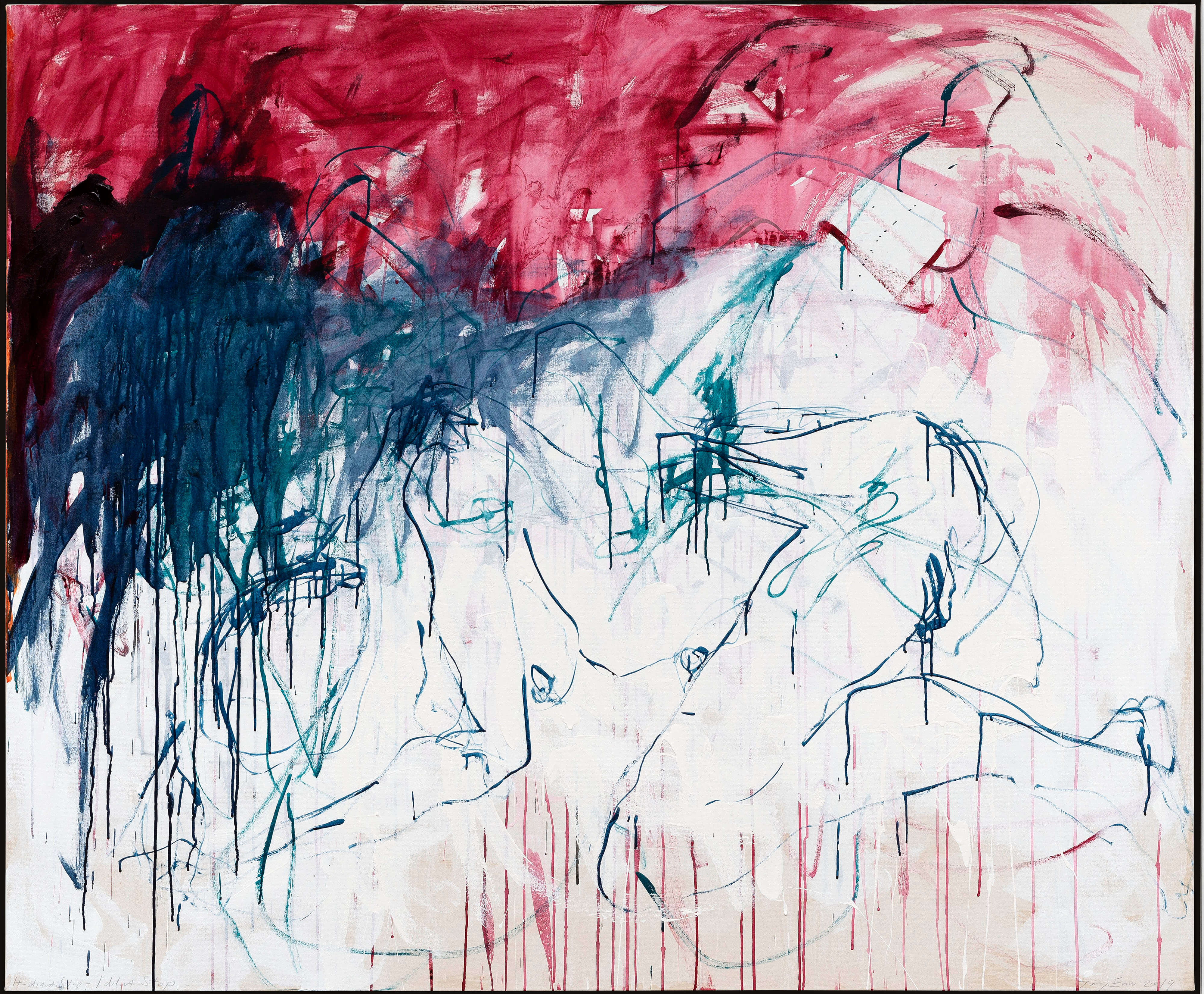 Tracey Emin, It - didnt stop - I didnt stop, 2019. Acrylic on canvas, 152 x 183.5 x 3.7 cm. Xavier Hufkens © Tracey Emin. All rights reserved, DACS 2020