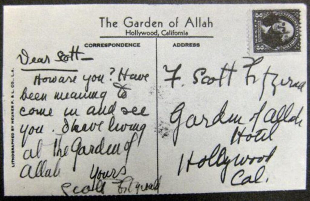 Postcard from F. Scott Fitzgerald to F. Scott Fitzgerald from Garden of Allah
