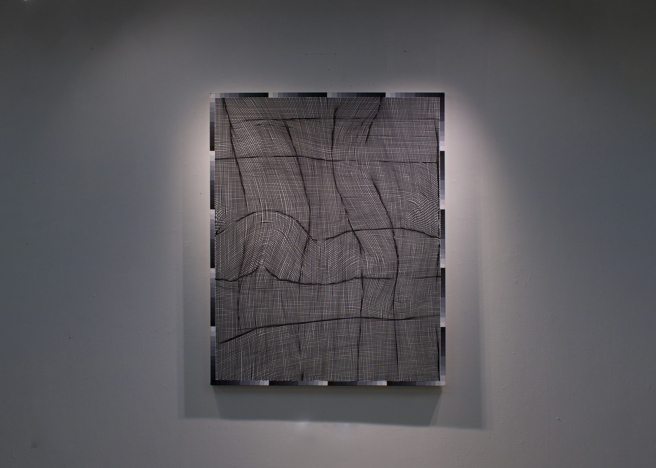 Alexander Puz, Grid Failure, Media: flashe vinyl acrylic on canvas, 48in by 1.5 by 60 inches, 2020. Courtesy of the artist.