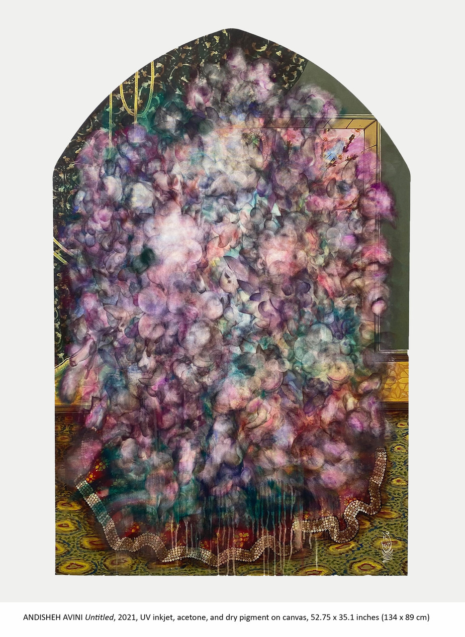 Andisheh Avini, Untitled, Media: UV inkjet, acetone, and dry pigment on canvas, 52.75 by 35.1 inches. 202. Courtesy of the artist.