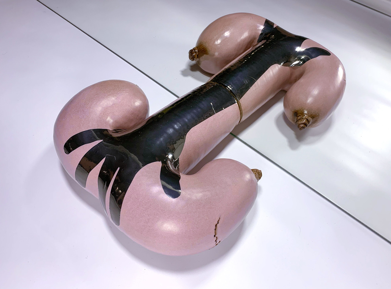 Annesofie Sandal, Push Baby, Media: vinyl, stoneware and mirror, Dimensions variable, 2020. Courtesy of the artist.