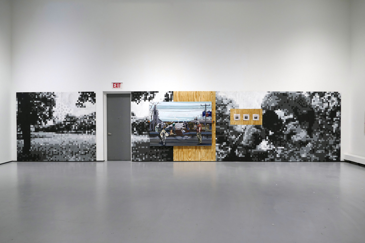 Asher Liften, (whole installation shot), Media: house paint on plywood boards, oil on canvas,40 by 8 feet, 2021. Courtesy of the artist.