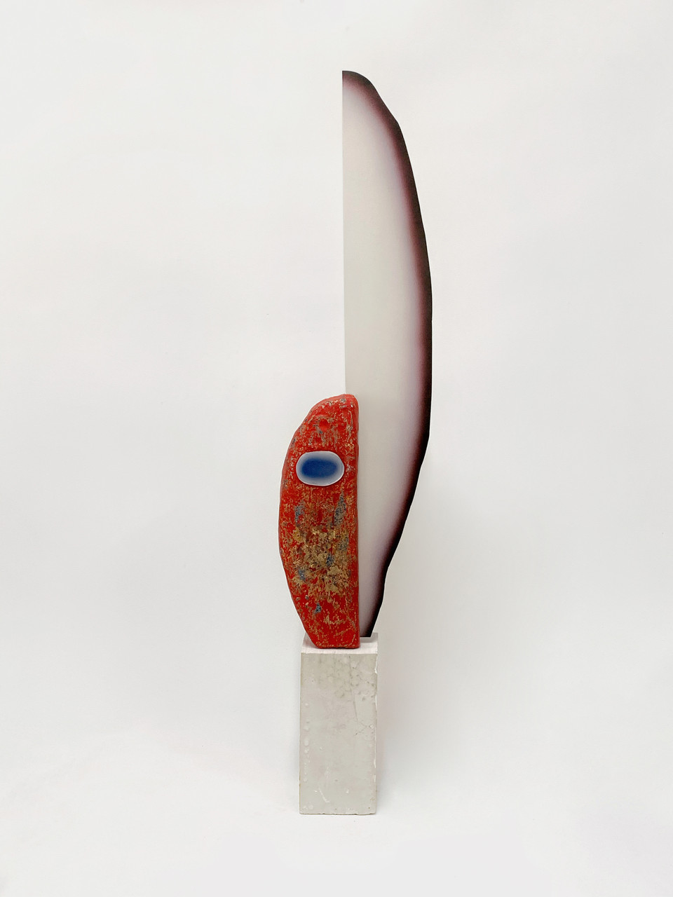 MaryKate Maher, red (shard), Media: resin, gold leaf, dye sub on aluminum, concrete, 34.5 by 7.5 by 3.74 inches, 2021. Courtesy of the artist.