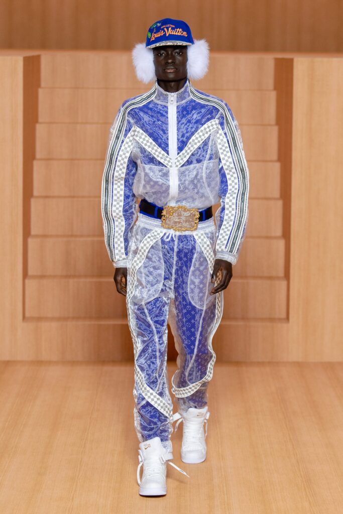 Virgil-Abloh-Louis-Vuitton-Menswear-Model-Wearing-Baseball-Cap and White Fur Ear Muffs