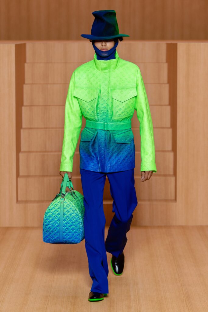 Virgil-Abloh-Louis-Vuitton-Menswear-Model-Wearing-Blue-Hat-and-Acid-Green-Jacket-SS-22