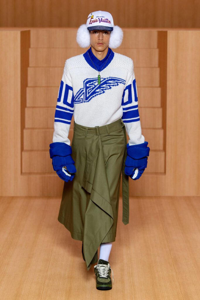 Virgil-Abloh-Louis-Vuitton-Menswear-Model-Wearing-White-Baseball-Cap-and-Fur-Ear-Muffs-SS-22