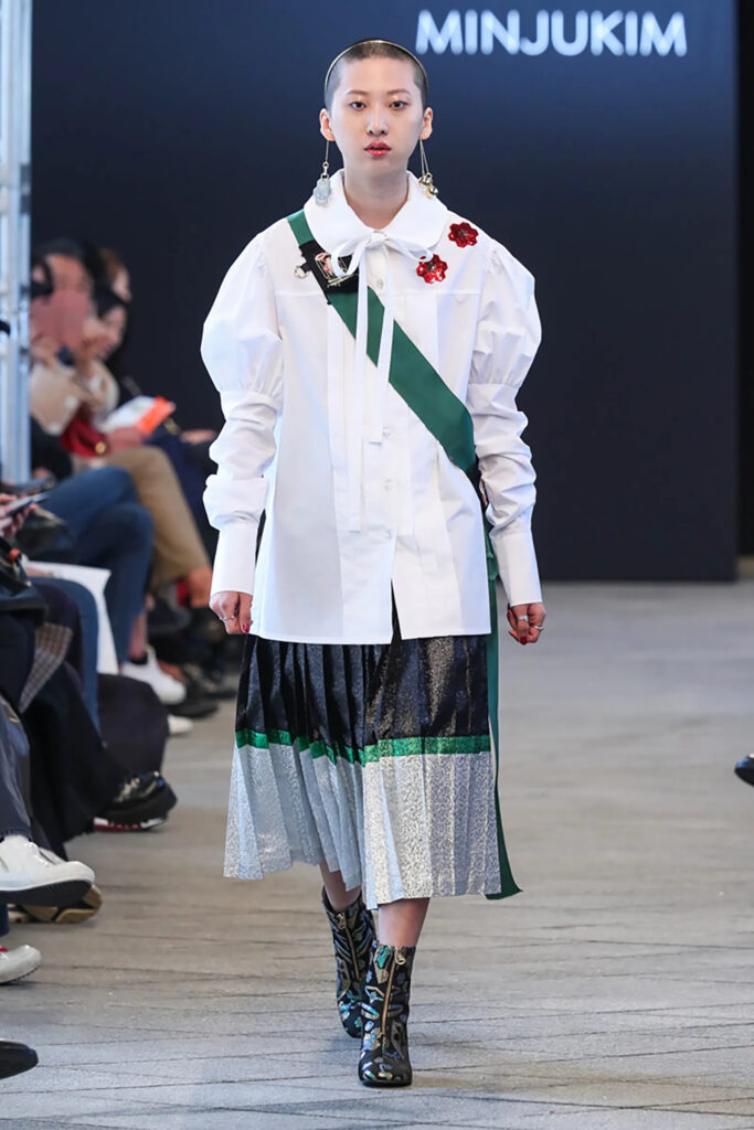 Minju Kim Model Wearing White Shirt with Green Stripe