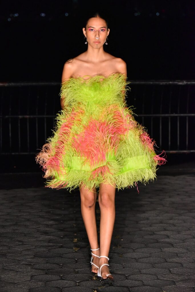 Prabal Gurung Spring Summer 2022 Runway Model Wearing Feather Strapless Mini dress