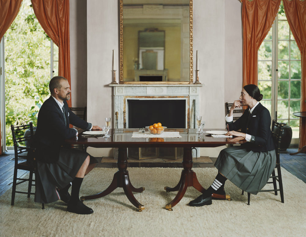 Thom-Browne-Fall-2021-Fall-Wardrobe-Couple-Sitting-At-Dining-Table-Shot-by-Tina-Barney