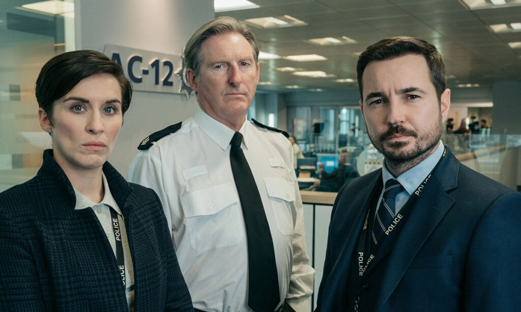 Vicky McClure as Kate Fleming, Adrian Dunbar as Ted Hastings and Martin Compston as Steve Arnott in Line of Duty