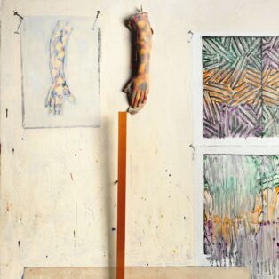 landing Jasper Johns, In the Studio, 1982. Encaustic, crayon, and collage on canvas with objects. Collection of artist; on loan to the Philadelphia Museum of Art, 1984. © 2021 Jasper Johns/Licensed by VAGA at ARS, NY. Photo © The Wildenstein Plattner Institute