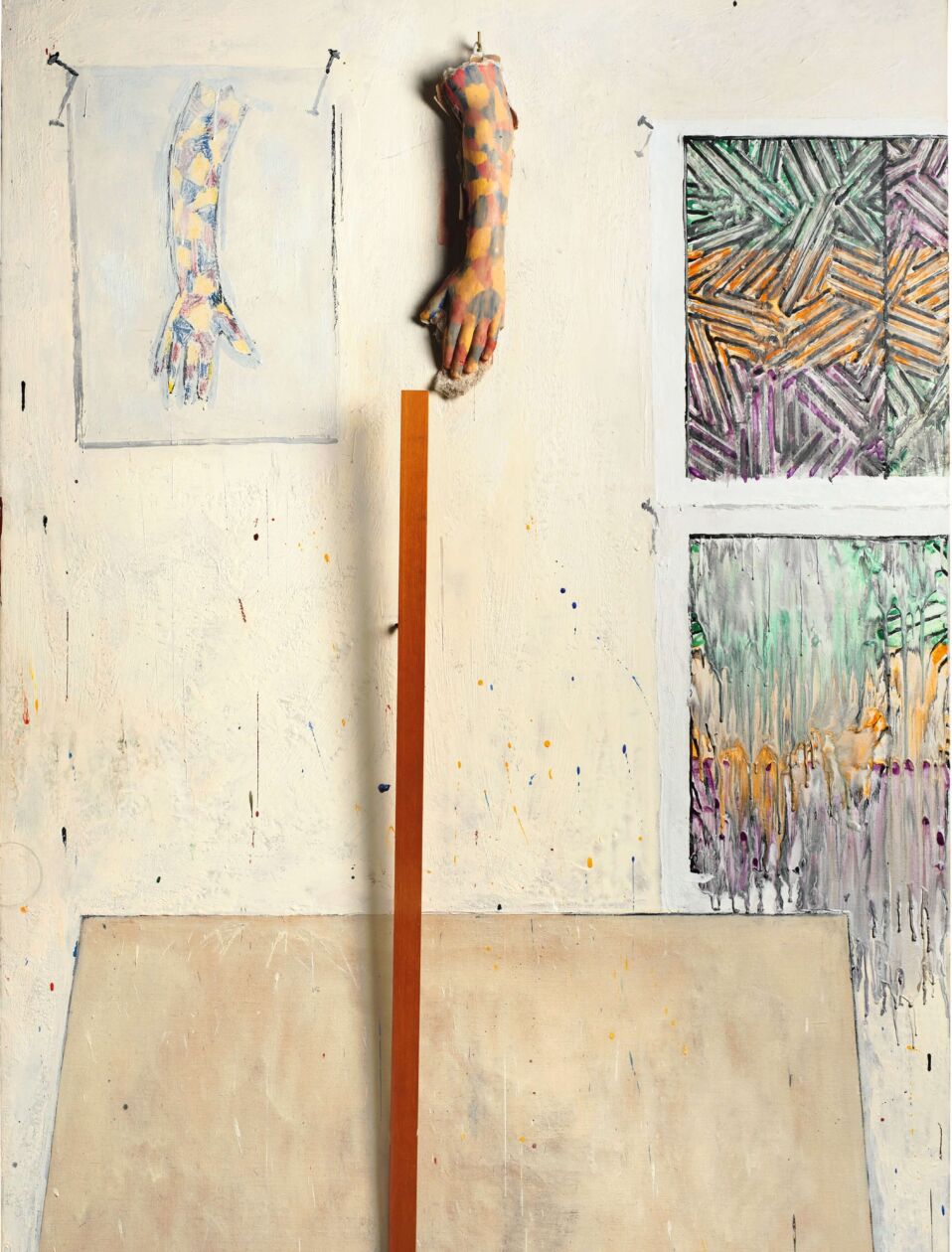 landing Jasper Johns, In the Studio, 1982. Encaustic, crayon, and collage on canvas with objects. Collection of artist; on loan to the Philadelphia Museum of Art, 1984. © 2021 Jasper Johns/Licensed by VAGA at ARS, NY. Photo © The Wildenstein Plattner Institute