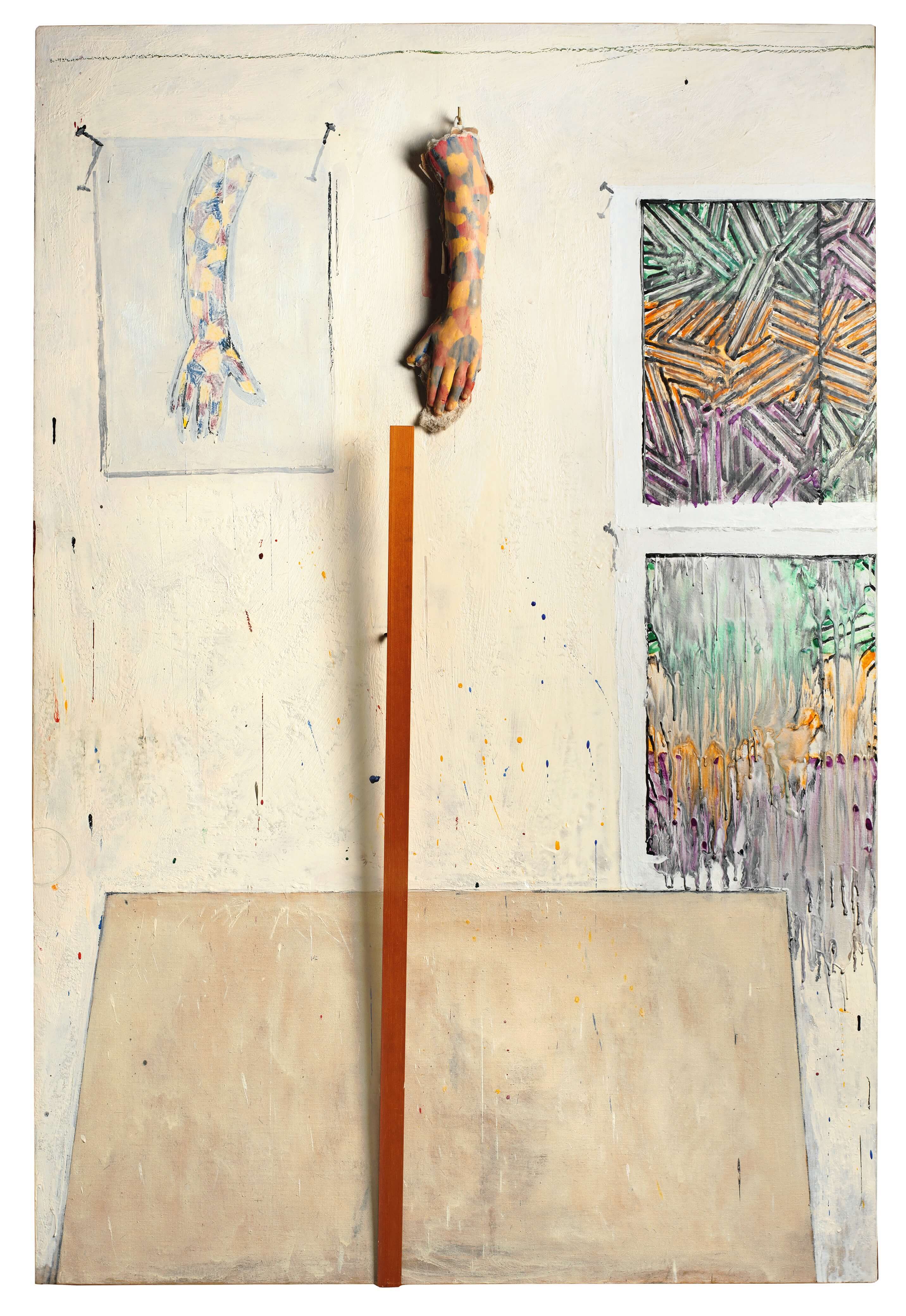 landing Jasper Johns, In the Studio, 1982. Encaustic, crayon, and collage on canvas with objects. Collection of artist; on loan to the Philadelphia Museum of Art, 1984. © 2021 Jasper Johns/Licensed by VAGA at ARS, NY. Photo © The Wildenstein Plattner Institute