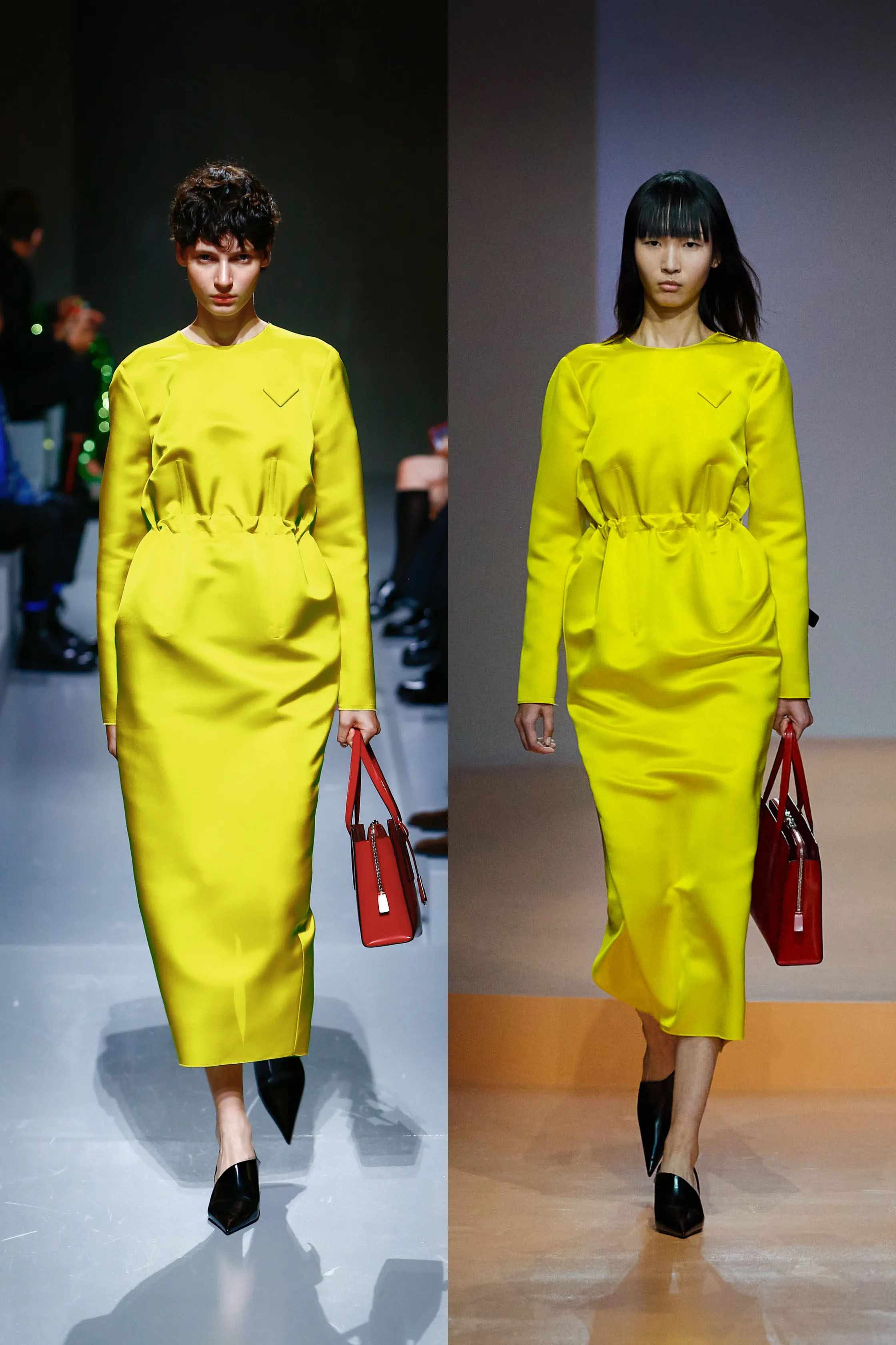 PRADA RUNWAY SPRING SUMMER 2022 MODELS SIDE BY SIDE IN YELLOW HOLDING RED HANDBAGS