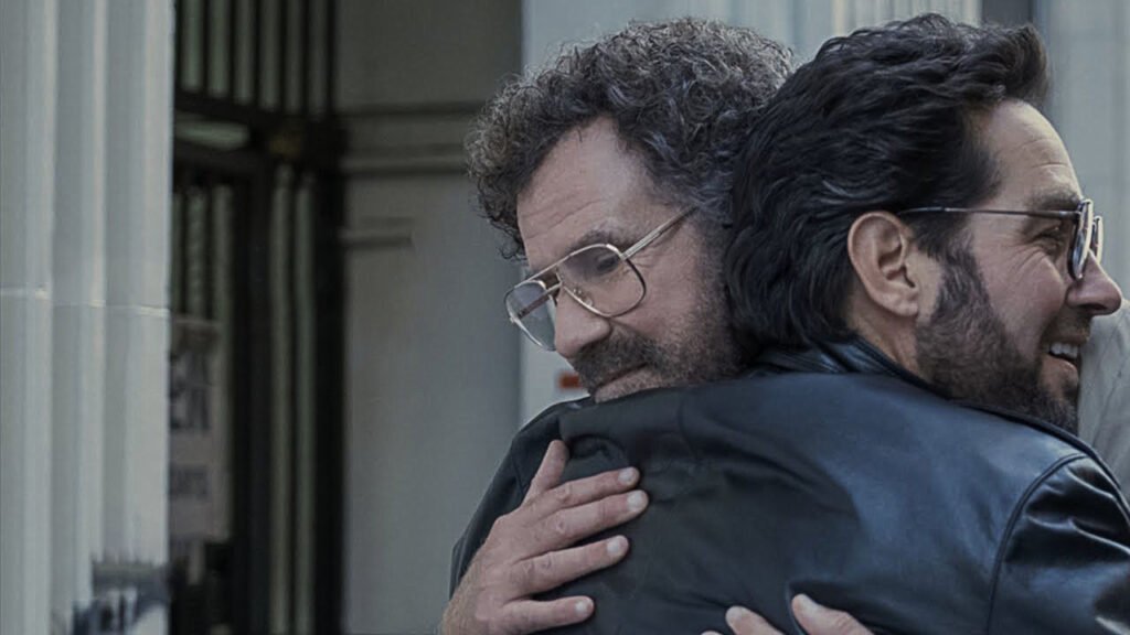Paul Rudd as Psychiatrist Isaac Herschkopf  and Will Ferrell Embrace as patient-victim Martin Markowitz in The Shrink Next Door