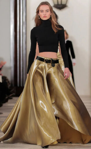 Ralph Lauren Collection Runway Model wearing Gold Flowing Skirt and Black Turteneck Cropped
