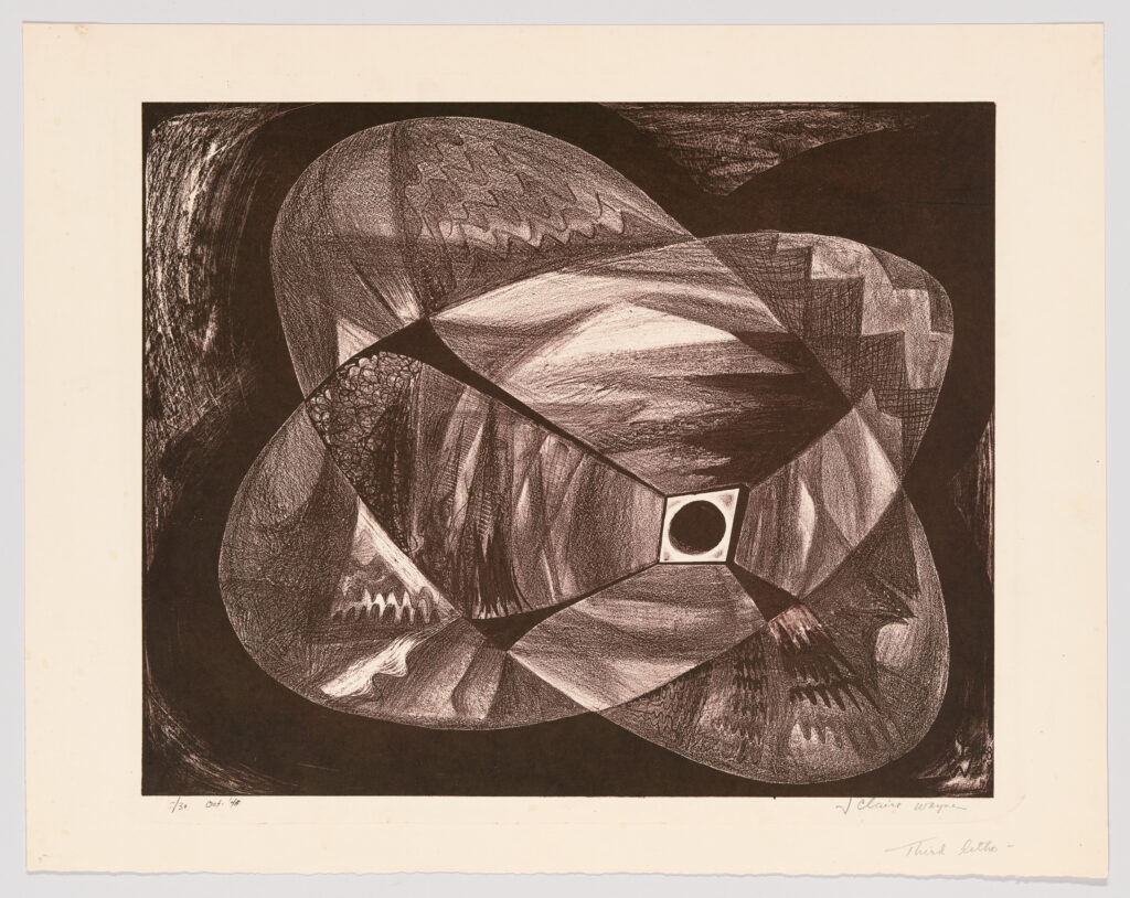 June Wayne (1918-2011), Black Ball in a Room, 1948. Lithograph: sheet. Whitney Museum of American Art, NY; purchase with funds from the Print Committee 97.50.1. © 2021 June Wayne / Licensed by VAGA at Artists Rights Society (ARS), New York