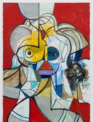 George Condo, Escape From Humanity 2021 Acrylic, gesso, ink & wax crayon on paper 152.4 x 102.9 cm / 60 x 40 1/2 inches. © George Condo Courtesy the artist and Hauser & Wirth
