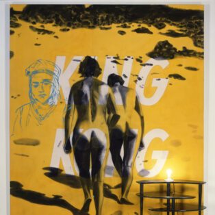 King Kong, 1983 oil and acrylic with electric light and wood table 123 x 96
