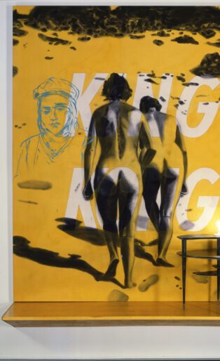 King Kong, 1983 oil and acrylic with electric light and wood table 123 x 96