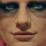 Ed Sheeran Close Up with Piercing Blue Eyes with Sparkly Eye Makeup