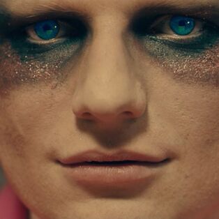 Ed Sheeran Close Up with Piercing Blue Eyes with Sparkly Eye Makeup
