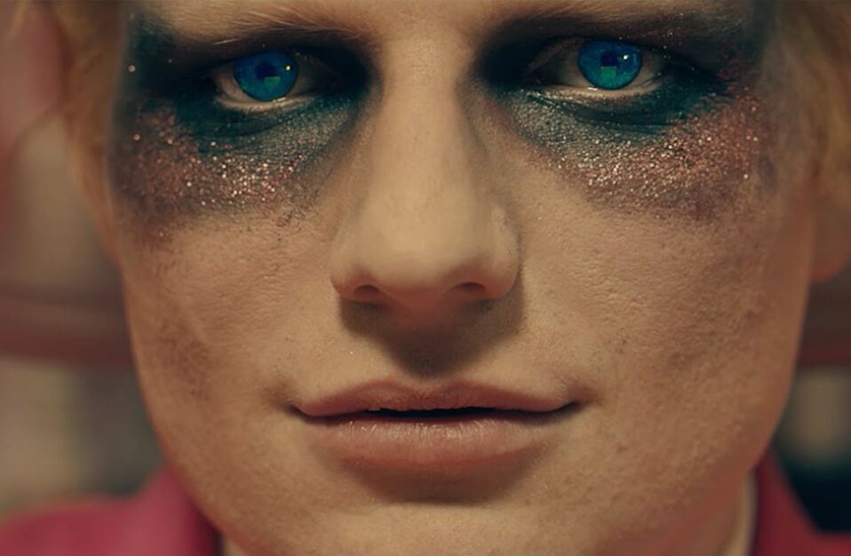 Ed Sheeran Close Up with Piercing Blue Eyes with Sparkly Eye Makeup