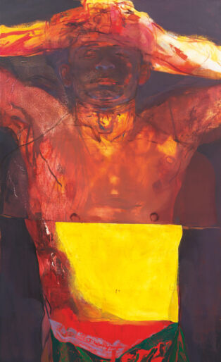 Jennifer Packer Man Holding Hands to His Forehead and Arms Outstretched