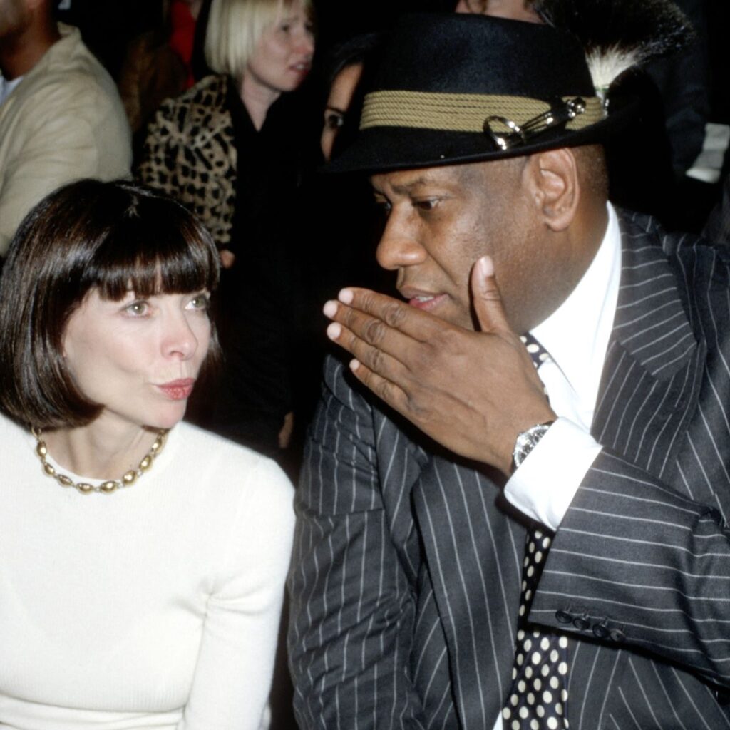 Anna Wintour and Andre Leon Talley at a runway show in the 1980s