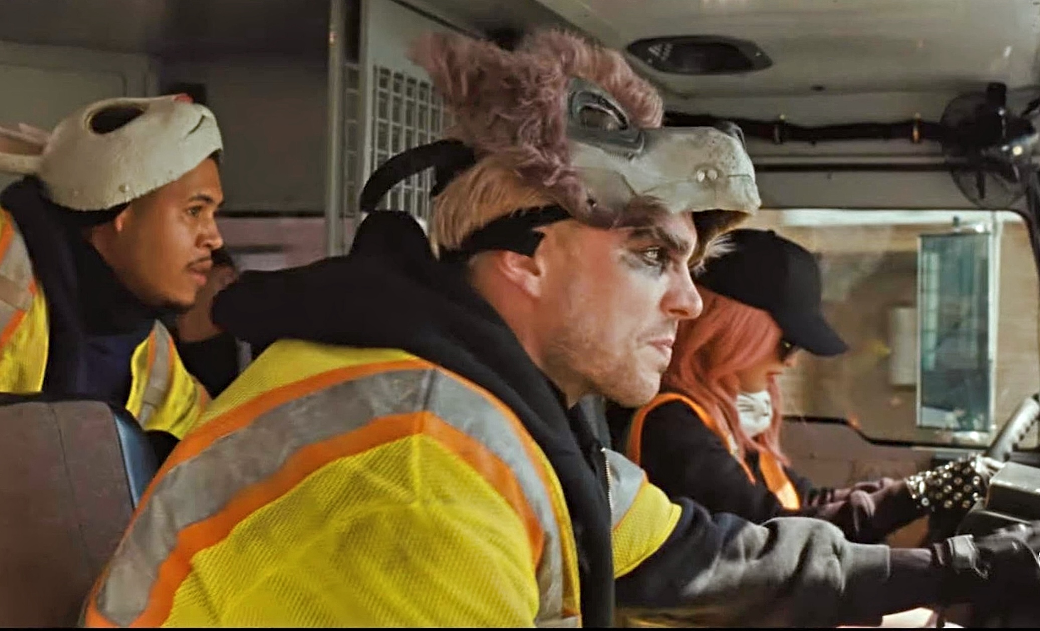 Nicholas Hoult, Anna Sawai, Rhenzy Feliz, driving a truck in How to Rob a Bank